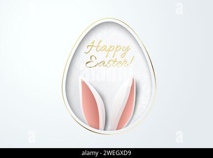 Ostergrußkarte mit papiergeschliffenem Eierrahmen mit Hasenohren, Blumenmuster und goldenem Happy Easter-Schriftzug. Weißer Hintergrund mit goldenem Hintergrund Stock Vektor