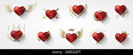 Valentinstag Love Icons Set. Glänzendes rotes 3D-Herz mit goldenem Dekor. Grußkarte Herz Patch mit in goldenen Flügeln, Krone, Pfeil, Kranz, Hände halten Stock Vektor