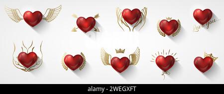 Valentinstag Love Icons Set. Glänzendes rotes 3D-Herz mit goldenem Dekor. Grußkarte Herz Patch mit in goldenen Flügeln, Krone, Pfeil, Kranz, Hände halten Stock Vektor