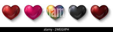 Hochglanzrotes 3D-Herzset isoliert auf weißem Hintergrund. Valentinstag Love Icons Set. Herz-Symbol in Rot, Pink, Schwarz und Regenbogenfarben. Romantischer Vektor Stock Vektor