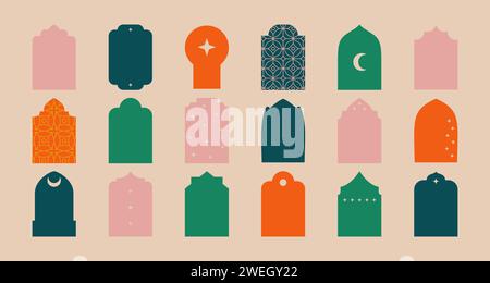 Orientalische, moderne, helle Bögen und Rahmen im islamischen Stil. Minimalistische ramadan kareem und eid mubarak Fenster, Eingang. Stock Vektor