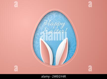 Ostergrußkarte mit papiergeschliffenem Eierrahmen mit Hasenohren, blauem Blumenmuster und Happy Easter Schriftzug. Hintergrund in Pastellrosa Stock Vektor