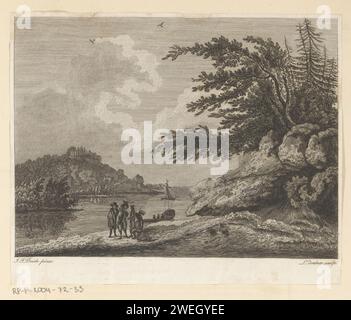 Querformat mit Figuren auf einer Bank, 1791 - 1798 Print Print ist Teil eines Albums. Papierätzung / Gravur am Flussufer (+ Landschaft mit Figuren, Personal). see (+ Landschaft mit Figuren, Personal) Stockfoto
