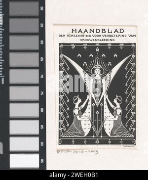 Cover-Design für: Monatliches Magazin von Vereeniging zur Verbesserung der Damenkleidung, ca. 1901-1909, Anonym, Reinier Willem Petrus de Vries (1874-1953), ca. 1901 - ca. 1909 fotomechanischer Druck stehende geflügelte Frau in einem ärmellosen Kleid mit gefalteten Händen vor ihrem Körper. Neben der Frau knien zwei Frauen. Sie greifen jeweils mit einer Hand zur Frau und tragen Palmzweige in der anderen Hand. Die Performance wird von einem ornamentalen Linienmotiv eingerahmt. Pappdruckblock stehende Figur - AA - weibliche menschliche Figur. Kleid, Kleid. Ornamente  Kunst Stockfoto