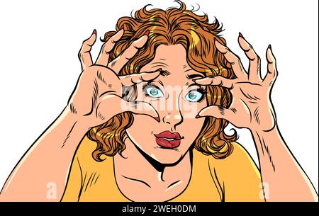 Unglaubliche Freude an Preisen und einzigartigen Angeboten. Eine unerwartete Überraschung für alle. Das Mädchen ist überrascht und hält die Augen mit den Händen. Comic Stock Vektor