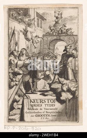 Hinrichtungen auf dem Gerüst, Romeyn de Hooghe, 1672 Druck Ein junger Mann zeigt einem Mönch mit einem Kreuz auf Hinrichtungen auf dem Gerüst daneben. Ein Mann steht auf zwei Leichen und hält einen gehackten Kopf hoch. Dahinter zwei Männer mit Turban, einer von ihnen hält sein Schwert in der Luft. Links wird eine Frau von einem Balkon heruntergeworfen und auf sie geschossen. Im Hintergrund auf einem Bogen sitzt Justitia auf einem Thron, umgeben von einer alten Frau und einem jungen Soldaten. Papier, das die Todesstrafe ätzt, Hinrichtung. Gewaltsamer Tod durch Enthauptung. Gewalttätiger Tod, getötet werden, misshandelt und misshandelt werden, Tod suchen. Justitia (jus Stockfoto