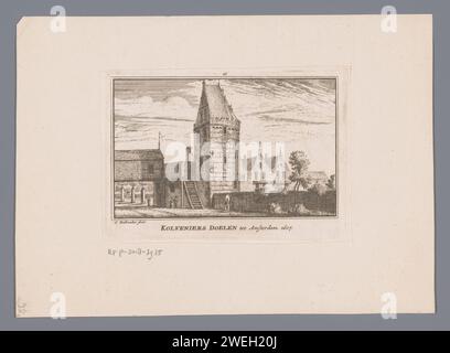 Blick auf das Kloveniersdoelen in Amsterdam, 1607, Abraham Rademaker, um 1727 - um 1733 drucken Blick auf das Kloveniersdoel in Amsterdam, von der Stadtseite aus gesehen in der Situation um 1607. In der Mitte der Swych-Utrecht-Turm, der seit 1522 als Reihenhaus der Milizzunft genutzt wird und daher als Klovenierstoren bekannt ist. Im Hintergrund Teil des Kloveniersburgwals. Papierätztürme  befestigte Stadt. Landstreitkräfte (+ Bürgersoldat, Zivilwache, Bürgermiliz) Kloveniers Ziele. Swych Utrecht Stockfoto