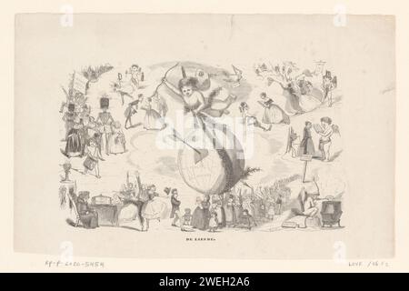 Cupido trägt einen Globus, Rombertus Julianus van Arum, 1824–1858 Print Cartoon über Liebe und Ehe. Auf dem Globus sind Liberté, Egalité und Fraternité, und es gibt einen Pfeil durch den Ball. Verschiedene kleinere Darbietungen rund um die zentrale Leistung. Unten links saßen tanzende Menschen und eine Figur auf einem Stuhl, mit einem Pfeilkasten und bogenförmig hinter ihm. Oben links eine Parade mit Figuren, die ein Banner tragen, auf dem „Soldatenliebe“ steht. Zusätzlich zum Mars hat ein Cupido einen Mann und eine Frau mit einem Schwert auf dem Boden festgemacht. Unter ihnen zwei Männer, die ihren Hut für eine Frau nehmen. Rechts A Stockfoto