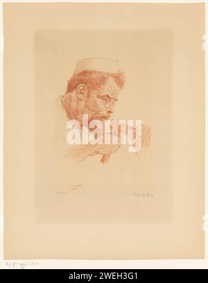 Portret Van Max Klinger, Emil Orlik, 1902 Druckpapier, das historische Personen graviert. Porträt, Selbstporträt des Grafikers. Werkzeuge, Werkzeuge des Grafikers Stockfoto