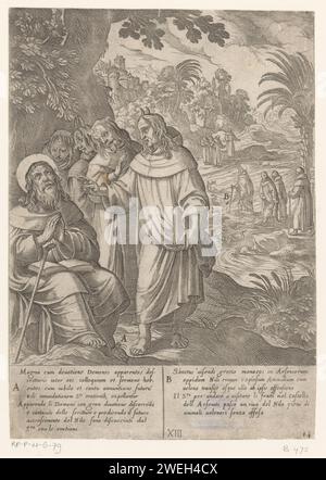 H. Antonius Bezeacht Dor. Dämony Me's Stürme, Passome knackt Agent Trhombard, nach Giovanni Battista Bonacar &x, 5,198 Abdruck H. Antonius betet für einen Baum. Neben ihm sind vier Dämonen in Mönchen. Italienischer und lateinischer Text in zwei Spalten am unteren Rand. Papier, das den Einsiedler Antonius Abt (Antonius Abbas) von Ägypten, auch der große genannt, ätzt; mögliche Attribute: Glocke, Buch, T-förmiger Stab, Flammen, Schwein Stockfoto