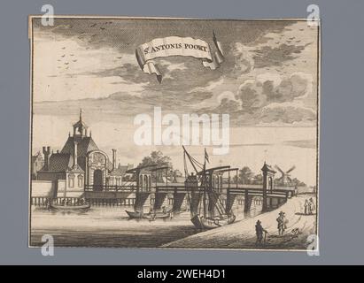 Blick auf die zweite Sint-Antoniepoort in Amsterdam, Anonym, 1693 Druckpapier Radierung / Gravur Stadttor. Brücke in der Stadt über Fluss, Kanal usw. Segelschiff, Segelboot. Ruderboot, Kanu usw. Zweiter Sint-Antoniepoort Stockfoto