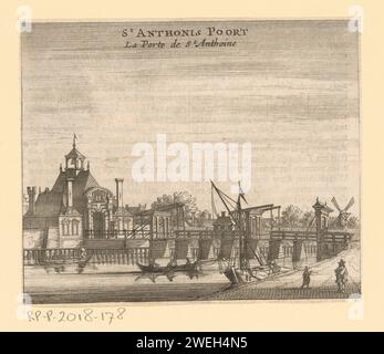 Ansicht des Zweiten Sint-Antoniepoorts in Amsterdam, Jan Veenhuysen (zugeschrieben), 1665 Print Ansicht des Zweiten Sint-Antoniepoorts und der dazugehörigen Brücke in Amsterdam im Jahre 1636, von außerhalb der Stadt gesehen. Nach der vierten Erklärung und dem Bau des ersten Muiderpoorts (1663) hatte dieses Gebäude seine Funktion als Stadttor verloren. Sie sollte 1670 abgerissen werden. Auf Niederländischer Text. Papierätzung / Gravur / Buchdruck Stadttor. Brücke. kanal (+ Landschaft mit Figuren, Personal) zweiter Sint-Antoniepoort Stockfoto