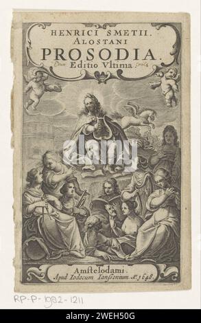 Apollo und Muzen auf dem Berg Parnassus, Anonym, 1648 Druck Apollo spielt auf einer Winde und ist von den neun Musen auf dem Berg Parnassus umgeben. Papierstich (Geschichte von) Apollo (Phoebus). Parnassus, heilig für Apollo Musagetes Stockfoto