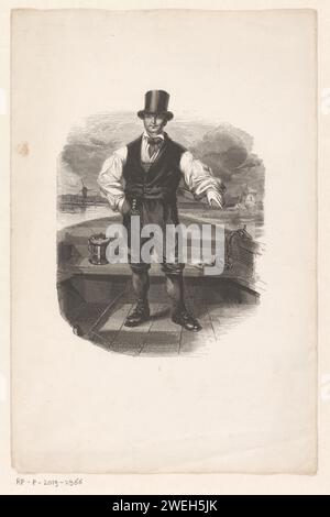 Veer Skipper, 1840–1841, Henry Brown, nach Lodewijk Anthony Vintcent, nach Bartholomeus Johannes van Hove, 1841 Druck Standing Mate am Steuer eines Bootes. Nummeriert in der Mitte: 9. Papier am Steuer (Manövrieren). Stehende Figur. Kopfschutz: Hut. Verkehr auf dem Wasser. Crew  Schiff. Fähre. Professionelle Kleidung Stockfoto