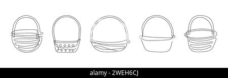 Satz Korbkörbe mit Griff. Durchgehende Linienzeichnung. Vektorillustration isoliert auf weißem Hintergrund. Minimalistischer Stil. Designelemente. Ideal für Icon, Logo, Druck, mobile App, Malbuch Stock Vektor