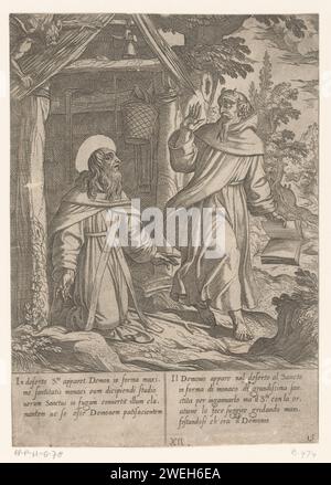 H. Antonius besucht vom Teufel in Monnikspij, Antonio Tempesta, nach Niccolò Circignani, nach Giovanni Battista Lombardelli, 1598 Druck H. Antonius ist in der Wildnis für seine Hütte und wird vom Teufel in Monnikspij besucht. Italienischer und lateinischer Text in zwei Spalten am unteren Rand. Papier, das den Einsiedler Antonius Abt (Antonius Abbas) von Ägypten, auch der große genannt, ätzt; mögliche Attribute: Glocke, Buch, T-förmiger Stab, Flammen, Schwein. Teufel und Dämonen Stockfoto