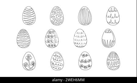 Set Ostereier mit einem Muster. Durchgehende einzeilige Zeichnung. Vektorillustration auf weißem Hintergrund. Minimalistisch. Designelemente. Ideal für Icon, Logo, Druck, Osterdekoration, Malbuch Stock Vektor