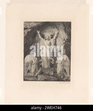 Die Auferstehung Christi, Carl Bloch, 1881 drucken die Auferstehung Christi. Er steht vor dem Grab, mit erhobenen Armen. Links und rechts von seinem knienden Engel. Papierätzung / Trockenpunkt Christus steht auf oder in der Nähe des Grabes  Ereignisse nach der Auferstehung Stockfoto