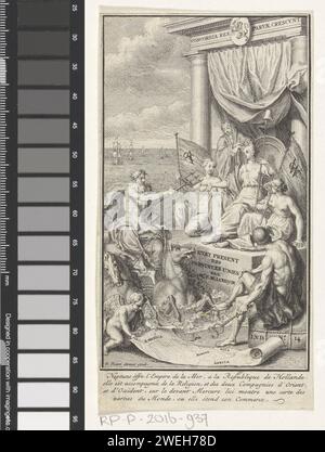 Allegory on the Power of the Republic of the Sieben United Netherlands as Sembership, Bernard Picart (Workshop of), 1729–1730 Print Neptunus spendet sein Dreizack, das die Herrschaft auf den Weltmeeren symbolisiert, der Personifikation der Republik der Sieben Vereinigten Niederlande. Sie hält eine Lanze mit Freiheitshüten und ist von den Personifizierungen der East India Company (VOC) und der West India Company (WIC) umgeben. Auf der rechten Seite zeigt Mercury mit seinem Caduceus die Weltkarte, die von einem Putto ausgerollt wird. Am unteren Rand ein vierzeiliger französischer Text. Papierätzung/Gravur (Story o Stockfoto