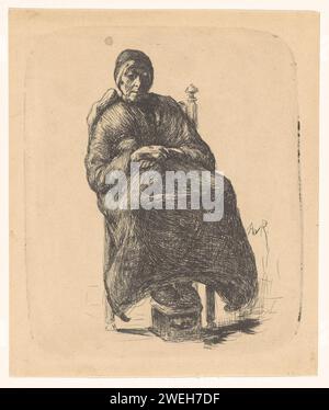 Sitzende alte Frau mit Eintopf, Anthon Gerhard Alexander van Rappard, 1868 - 1892 Druckpapier, das alte Frau ätzt. Fußofen Stockfoto