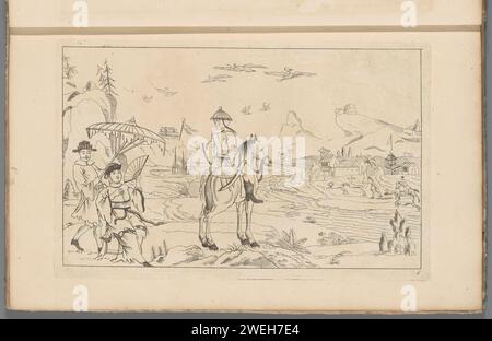 Reiter- und Jagdszene in einer chinesischen Landschaft, 1727 - 1775 Druck Landschaft mit einem Reiter auf der linken Seite und einer Figur mit Fächer unter einem Sonnenschirm. Ein Fluss durchzieht die Landschaft mit einer Jagdszene auf der anderen Seite. Drucken ist Teil eines Albums. Papierätzung Chinesisch. fluss. Jagen  Säugetiere Stockfoto