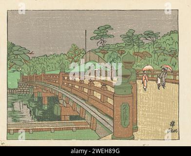 Benkei Use, 1945 Print Ansicht der Benkei Brücke, auf der einige Leute. Im Original passepartout mit weißem Etikett unten rechts, auf dem Titel und Name des Künstlers stehen. Holzschnitt-Brücke in Papierfarbe. Landschaft mit Brücke, Viadukt oder Aquädukt (+ Stadt(-Landschaft) mit Figuren, Personal) Tokio Stockfoto