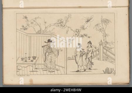 Reich gekleideter Mann in einem Stuhl an einem gedeckten Tisch, 1727 - 1775 Druck reich gekleideter chinesischer Mann in einem Stuhl neben einem gedeckten Tisch. Auf der rechten Seite zwei Figuren. Im Hintergrund blühen Zweige. Drucken ist Teil eines Albums. Papierätzung Chinesisch (+ Kostüm). Bäume (+ Blüten, Blüten, Blüten) Stockfoto