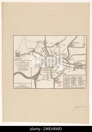 Karte der Belagerung von Leiden, 1573-1574, anonym, nach Joost Jansz. Bilhamer, 1752 Druck Benefiz der Stadt Leiden in den Jahren 1573-1574 von den Spaniern. Karte mit Karte der Stadt und der Umgebung nach Leiderdorp und de Kwakel, mit allen Sonnenschirmen in der Gegend. Links eine Kartusche mit dem Titel und Informationen über die Belagerung, rechts eine Kartusche mit der Legende 1-49 in Niederländisch. Papier zum Ätzen/Gravieren von Karten von verschiedenen Ländern oder Regionen. Karten der Städte, die Sie leiten möchten. Leiddorp Stockfoto