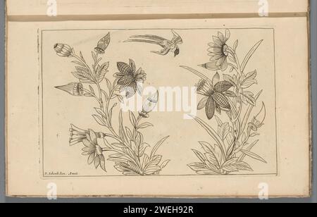 Zwei Blumensträucher und eine Schwalbe, 1727–1775 Print Print ist Teil eines Albums. Papierätzung Chinesisch. Blumen. Singvögel: Schlucken Stockfoto