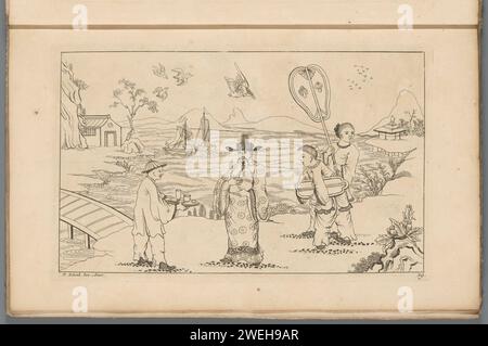 Chinesischer Herr erhält Tee von einem Diener in einer Landschaft, 1727–1775 Druck Landschaft mit einem chinesischen Herrn, der von einem Diener Tee auf einem Tablett angeboten wird. Hinter dem Herrn zwei Frauen, eine mit Sonnenschirm. Zwei Segelschiffe auf dem Wasser im Hintergrund. Drucken ist Teil eines Albums. Papierätzung Chinesisch. Wasserlauf. Teezeremonie - CC - draußen Stockfoto