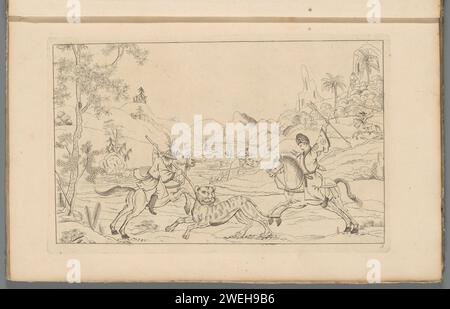 Landschaft mit der Jagd nach einem Tiger, 1727 - 1775 drucken zwei chinesische Männer zu Pferd jagen einen Tiger oder Leoparden. Drucken ist Teil eines Albums. Papierätzung Chinesisch. Jagen, jagen. Landschaften in der gemäßigten Zone Stockfoto