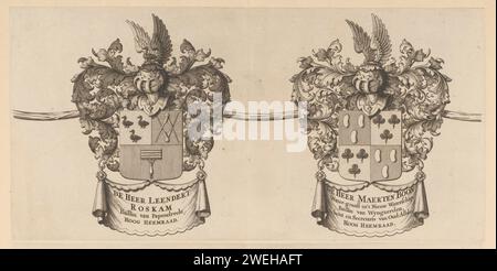 Rand des Wappens einer Karte der Alblasserwaard und des Vijfheerenlanden (Deel), Anonym, 1716 Druck Blatt mit zwei Wappen. Links der von Leendert Roskam, Gerichtsvollzieher von Papendrecht und Wasserrat des Water Board der Alblasserwaard und der Vijfheerenlanden. Rechts von Maerten Boon, Watergraaf, Gerichtsdiener der Weinberge, Schout und Sekretär von Oud-Alblas und Water council des Water Board der Alblasserwaard und Vijfheerenlanden. Teil der Waffen der zweiten Ausgabe von den Alblasser Waard und Vyf Heeren Landen, zusammen Groot 33110. Mergen/Nieuwe Stockfoto