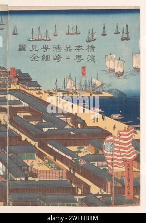 Überblick über den Bezirk Honcho und das Viertel Miyozaki in Yokohama, Utagawa Sadahide, 1860 gedruckte rechte Zeitschrift des Triptychons. Papierhafen. Stadtblick im Allgemeinen; 'Veduta' Yokohama Stockfoto