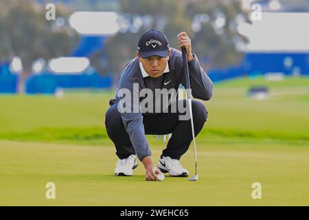 San Diego, Kalifornien, USA. Januar 2024. Kevin Yu im 1. Loch während der zweiten Runde der Farmers Insurance Open in Torrey Pines South in San Diego, Kalifornien. Justin Fine/CSM/Alamy Live News Stockfoto