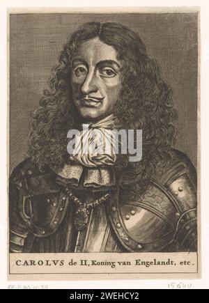 Porträt von König Karl II. Von England, Anonym, 1674 gedrucktes Porträt von König Karl II. Von England mit einzeiliger Beschriftung: Carolus de II, King of England usw. Papierstich historischer Personen Stockfoto