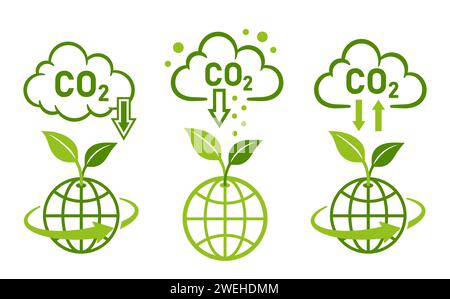 Symbol für CO2-CO2-Emissionsreduktion, globale Reduzierung, Recycling von kohlenstoffhaltigen Treibhausgasen. Geringe Luftverschmutzung durch Rauchwolken. Umweltfreundliche Technologie. Vektor Stock Vektor