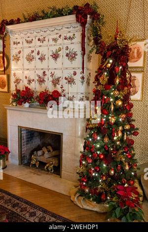 Tiroler Kaminzimmer mit Weihnachtsbaumdekor, Biltmore Estate, Asheville, North Carolina Stockfoto