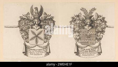 Rand des Wappens einer Karte der Alblasserwaard und des Vijfheerenlanden (Deel), Anonym, 1716 Druck Blatt mit zwei Wappen. Links der von Matthijs Berk (1666–1736), freier Herr von Goidschalxoord, VRO Gereedschap van Dordrecht und Water Council des Water Board der Alblasserwaard und der Vijfheerenlanden. Auf der rechten Seite Herman van den Honert (1645–1730), ehemaliger Bürgermeister von Dordrecht, Kurator der Universität Leiden und Dijkgraaf des Water Board der Alblasserwaard und der Vijfheerenlanden. Teil der Waffen der zweiten Ausgabe von den Alblasser Waard und Vyf He Stockfoto