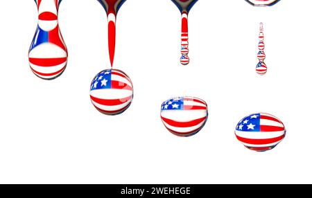 Makroaufnahme eines tropfenden Wassertropfens, die Nationalflagge der USA spiegelt sich in dem Tropfen wieder Stockfoto