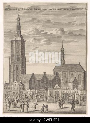 Ansicht der Grote Kerk in den Haag, Anonym, Jan Claesz ten Hoorn (möglich), 1711 - 1729 Print Ansicht der Grote Kerk, auch Sint-Jacobskerk genannt, in den Haag. Von der Seite des Fischmarktes aus gesehen. Verschiedene Fischverkäufer und andere Figuren für die Kirche. Papierätzung / Gravur Stand, Stand ( Markt). Kirche (außen) große Kirche. River Fish Market Stockfoto