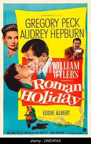 Theaterposter für die amerikanische Veröffentlichung des Films Roman Holiday feat Gregory Peck und Audrey Hepburn aus dem Jahr 1953 Stockfoto