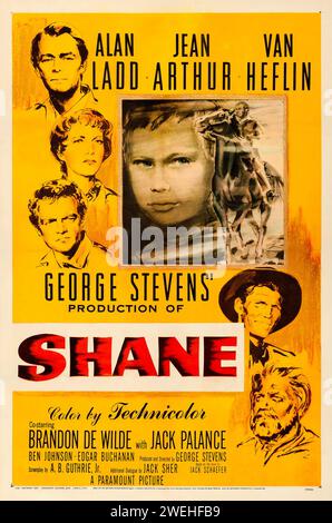 US-Kinoveröffentlichungsplakat für den Western-Film Shane - Alan Ladd, Jean Arthur, Van Heflin aus dem Jahr 1953 Stockfoto