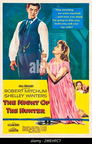 Vintage-Filmplakat für die amerikanische Theateraufführung des Films The Night of the Hunter feat Robert Mitchum and Shelley Winters aus dem Jahr 1955 Stockfoto