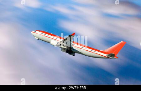 Ein rot-weißes Passagierflugzeug kurz nach dem Start, verschwommener Hintergrund Stockfoto