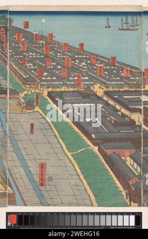 Überblick über den Bezirk Honcho und das Viertel Miyozaki in Yokohama, Utagawa Sadahide, 1860 gedruckt mittleres Blatt des Triptychons. Papierhafen. Stadtblick im Allgemeinen; 'Veduta' Yokohama Stockfoto