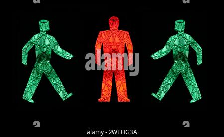 Zwei grüne Ampelmänner, die auf einen stehenden roten zu gehen, Piktogramme, Fußgängerbeleuchtung Deutschland Stockfoto