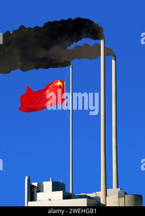 Rauchende Schornsteine, dunkler, schmutziger Rauch, eine Flagge von China hängt an einem der Schornsteine wie an einem Fahnenmast, Konzept, das Original wurde stark modifiziert Stockfoto