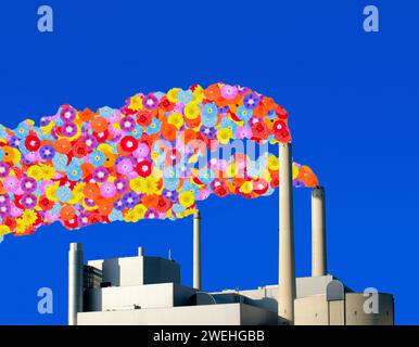 Rauchschornsteine aus dem nördlichen Blockheizkraftwerk, Abfall bis Energieplanr, München, symbolisiert der Rauch durch Blumen für saubere Abgase Stockfoto