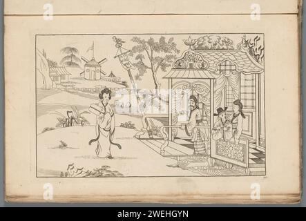 Landschaft mit einer chinesischen Dame, 1727 - 1775 Druck Chinesische Dame ist links mit einer Reihe in den Händen in einer Landschaft. Rechts drei Figuren in einem Gebäude auf Stangen im Wasser. Drucken ist Teil eines Albums. Papierätzung Chinesisch. Wasserlauf Stockfoto