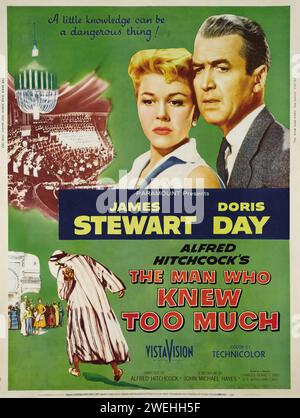 Oldtimer-Filmposter – der Mann, der zu viel wusste (Paramount, 1956) James Stewart und Doris Day – Regie führte Alfred Hitchcock Stockfoto